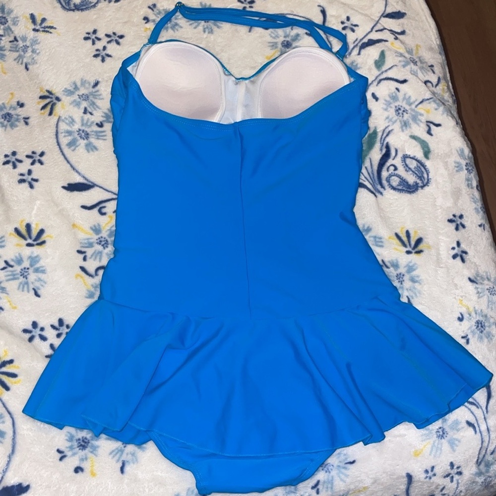 Blue Once Piece Halter Swimming Suit Dress - Picture 3 of 5